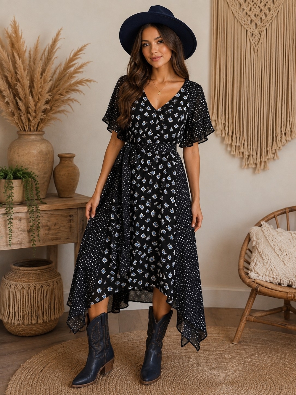 Lane Bryant Black Midi Dress with Light Blue Floral Print
